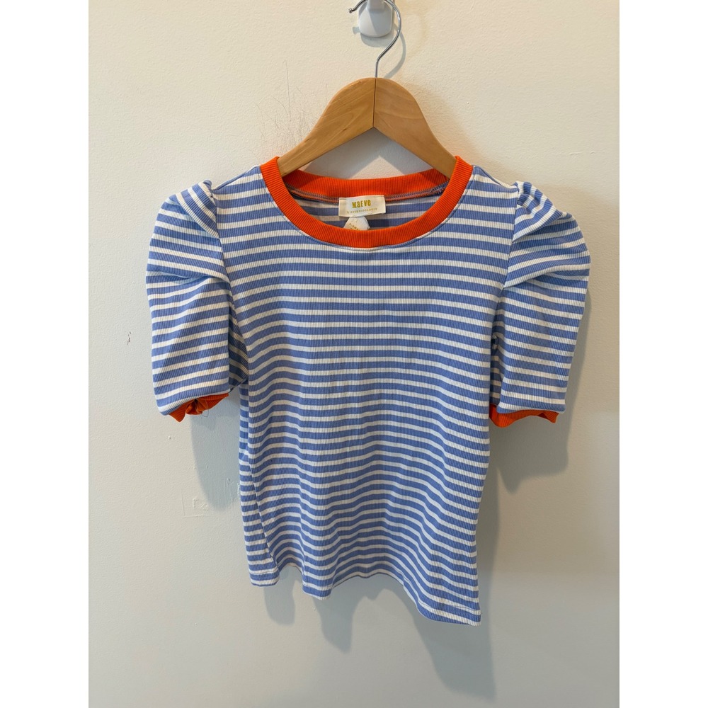 Maeve Anthropologie Blue White Striped Puff Sleeve Ribbed Top Orange Trim XS